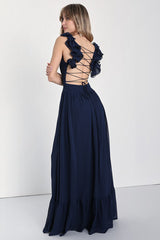 Soiree Celebration Navy Blue Ruffled Lace-Up Maxi Dress