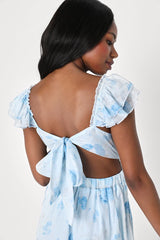 Loveliest Darling Light Blue Floral Ruffled Tie-Back Midi Dress