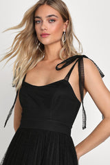 Captivating Aesthetic Black Mesh Swiss Dot Tie-Strap Midi Dress