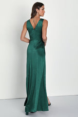 Perfect Refinement Emerald Satin Sleeveless Pleated Maxi Dress
