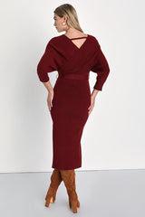 Fall into Fashion Burgundy Dolman Sleeve Sweater Midi Dress