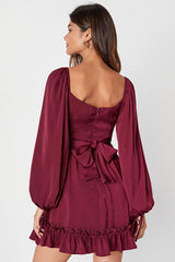 Vision of Charm Plum Purple Satin Long Sleeve Skater Mini Dress
