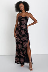 Exquisite Navy Blue Floral Burnout Velvet Strapless Maxi Dress