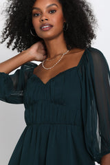 Vivacious Arrival Emerald Chiffon Balloon Sleeve Mini Dress