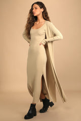 Layer Lover Beige Ribbed Knit Two-Piece Dress & Cardigan Set
