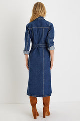 Edgy Instinct Dark Wash Denim Long Sleeve Midi Dress