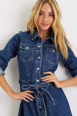 Edgy Instinct Dark Wash Denim Long Sleeve Midi Dress