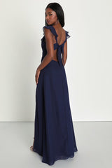 Sweetest Entrance Navy Blue Ruffled Tie-Back Maxi Dress