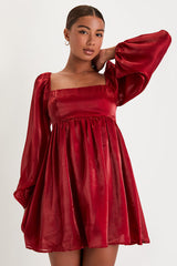 Upscale Stunner Wine Red Organza Long Sleeve Babydoll Mini Dress