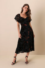 Lovely Purpose Black Velvet Floral Burnout Lace-Up Midi Dress