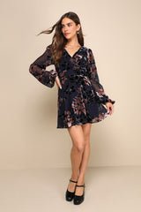 Stunning Feeling Navy Blue Velvet Floral Burnout Mini Dress
