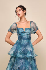 Darling Vision Teal Floral Organza Puff Sleeve Tiered Midi Dress