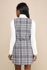 Posh Arrival Navy Blue Multi Plaid Tweed Mini Dress