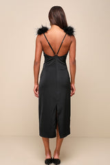 Exquisite Invite Black Satin Feather Backless Midi Dress