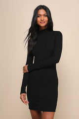 Dashing Black Ribbed Mock Neck Long Sleeve Bodycon Mini Dress