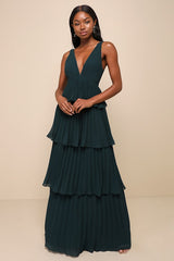 Mesmerizing Essence Emerald Pleated Backless Tiered Maxi Dress