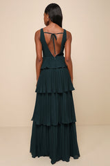 Mesmerizing Essence Emerald Pleated Backless Tiered Maxi Dress