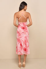 Bright Charm Pink Abstract Print Chiffon Slip Midi Dress