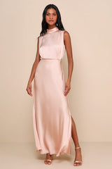 Classic Elegance Blush Satin Sleeveless Mock Neck Maxi Dress
