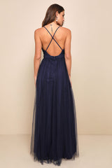 Rare Beauty Navy Blue Tulle Backless Maxi Dress