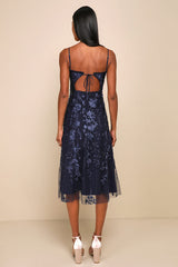 Charmingly Sophisticated Navy Blue Tulle Embroidered Midi Dress