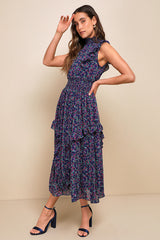 Evalina Navy Blue Floral Print Mock Neck Midi Dress