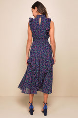 Evalina Navy Blue Floral Print Mock Neck Midi Dress