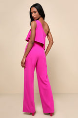 Flawless Vibes Magenta One-Shoulder Tiered Wide-Leg Jumpsuit