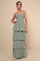 Seriously Sensational Sage Brush Strapless Tiered Maxi Dress