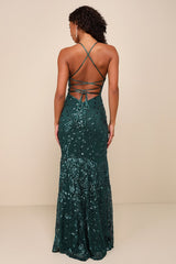 Photo Finish Forest Green Sequin Lace-Up Maxi Dress