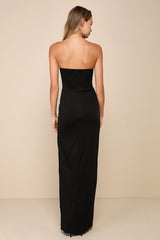 Elegant Mood Black 3D Floral Applique Strapless Maxi Dress