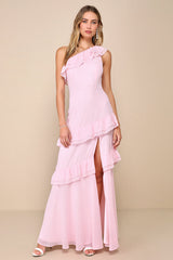 Brilliant Grace Light Pink Ruffled One-Shoulder Maxi Dress