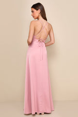 So Loving Pink Satin Pleated Lace-Up Backless Maxi Dress