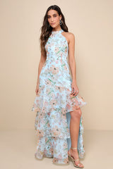 Forever Exceptional Light Blue Floral Halter Organza Maxi Dress