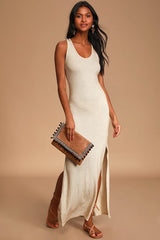 Relaxed but Not Least Beige Ribbed Sleeveless Maxi Dress
