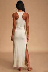 Relaxed but Not Least Beige Ribbed Sleeveless Maxi Dress