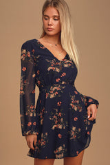 Always Yours Navy Blue Floral Print Long Sleeve Skater Dress