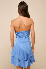 Certainly the Cutest Blue Satin Tiered Strapless Mini Dress