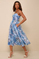 Cherished Aura Blue Multi Floral Organza Bustier Midi Dress