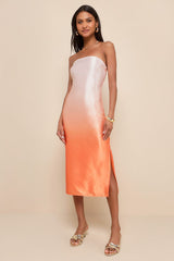 Indescribable Poise Peach Ombre Satin Strapless Midi Dress