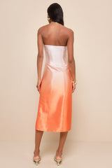 Indescribable Poise Peach Ombre Satin Strapless Midi Dress
