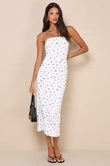 Summery Spirit Ivory Floral Ribbed Strapless Midi Dress