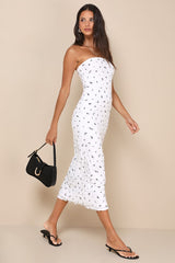 Summery Spirit Ivory Floral Ribbed Strapless Midi Dress