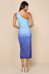 Beautiful Perception Blue Ombre One-Shoulder Mesh Midi Dress