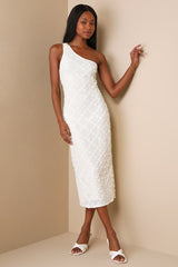 Truly Poised Ivory Textured 3D Floral One-Shoulder Midi Dress