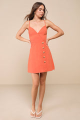 Sweet Breeze Orange Surplice Button-Front Mini Dress