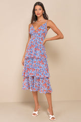 Adorable Obsession Blue Floral Print Lurex Tiered Midi Dress