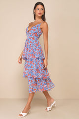 Adorable Obsession Blue Floral Print Lurex Tiered Midi Dress