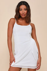 Stole Your Love White Swiss Dot Faux-Wrap Mini Dress