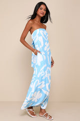 Summering in S��o Paulo Light Blue Abstract Strapless Maxi Dress